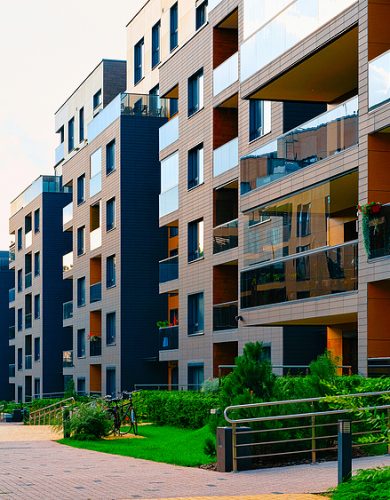 Modern residential apartment house home building complex and outdoor facility reflex